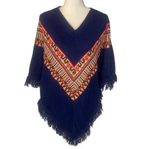 Vintage 70s Orlon Acrylic Southwestern Print Poncho Fringe Women OS Blue Boho